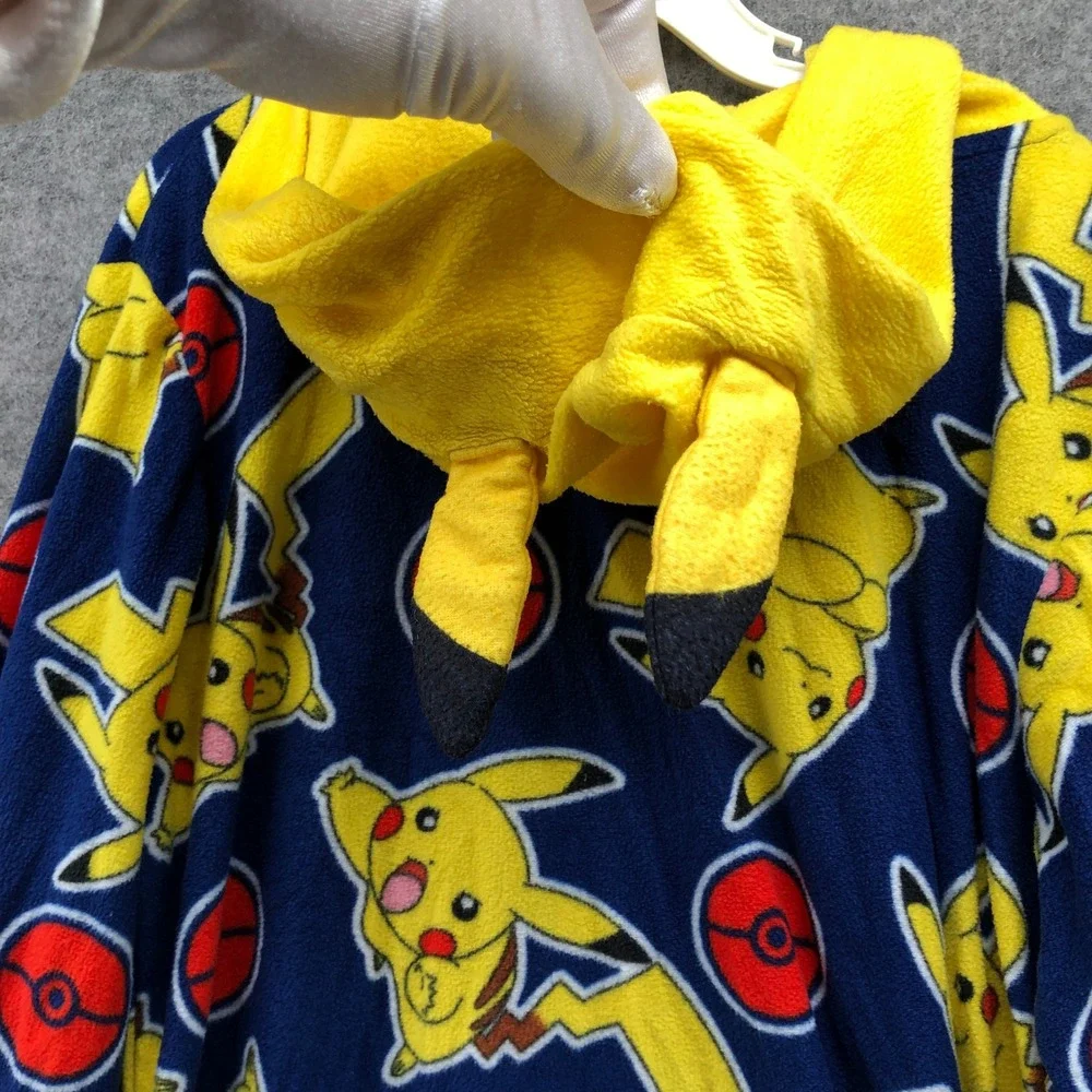 Pokemon Pikachu Onesie Pajamas Hooded Union Suit Fleece Sleeper Kids L 10-12